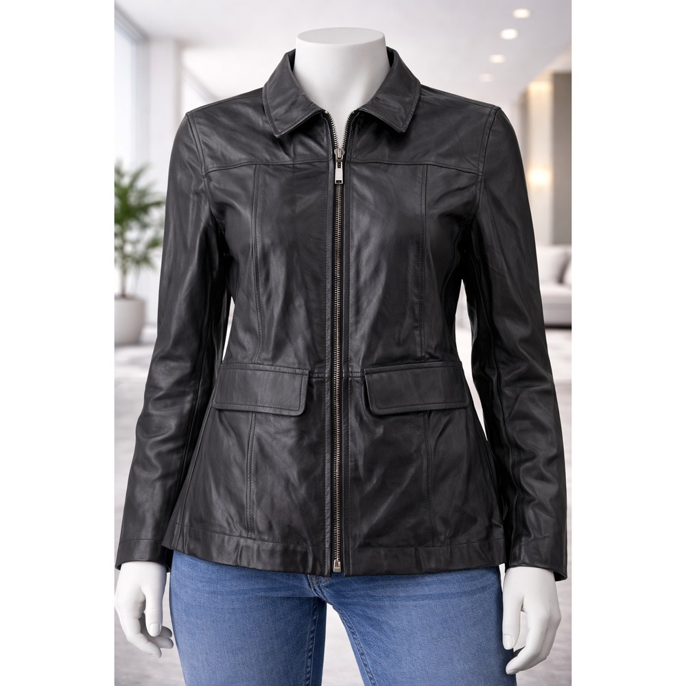 Denim & Co Womens‎ Black Lamb Leather Zip Front Jacket Size Medium Flap Pockets